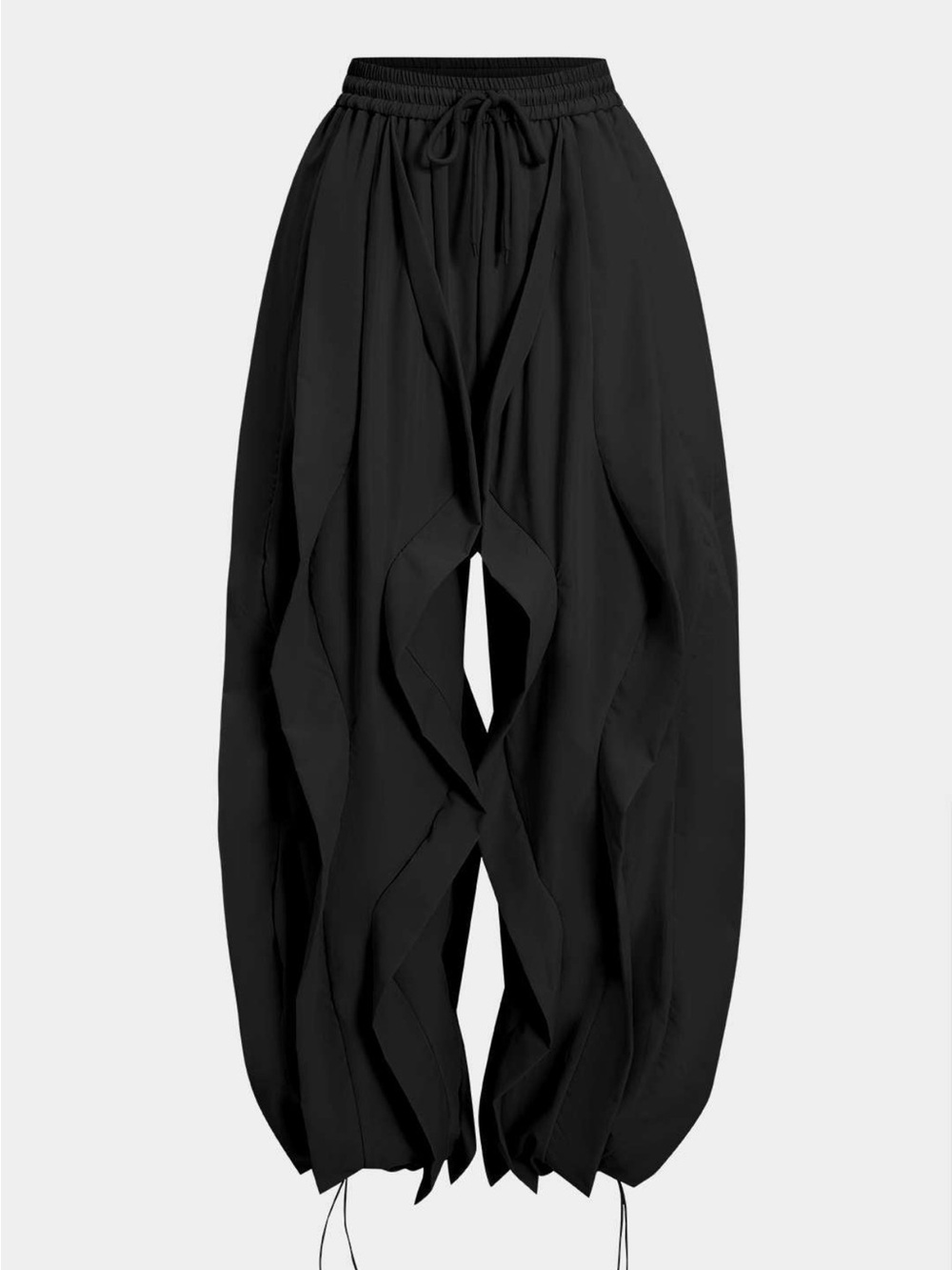 Black Ruffle Wide-Leg Women's Pants with Drawstring Waist and Bottom Ties